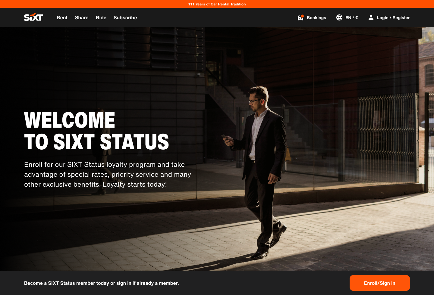 The SIXT Status landing page: a member walking past a glass building under the headline Welcome to SIXT Status, with an Enroll or sign in bar below
